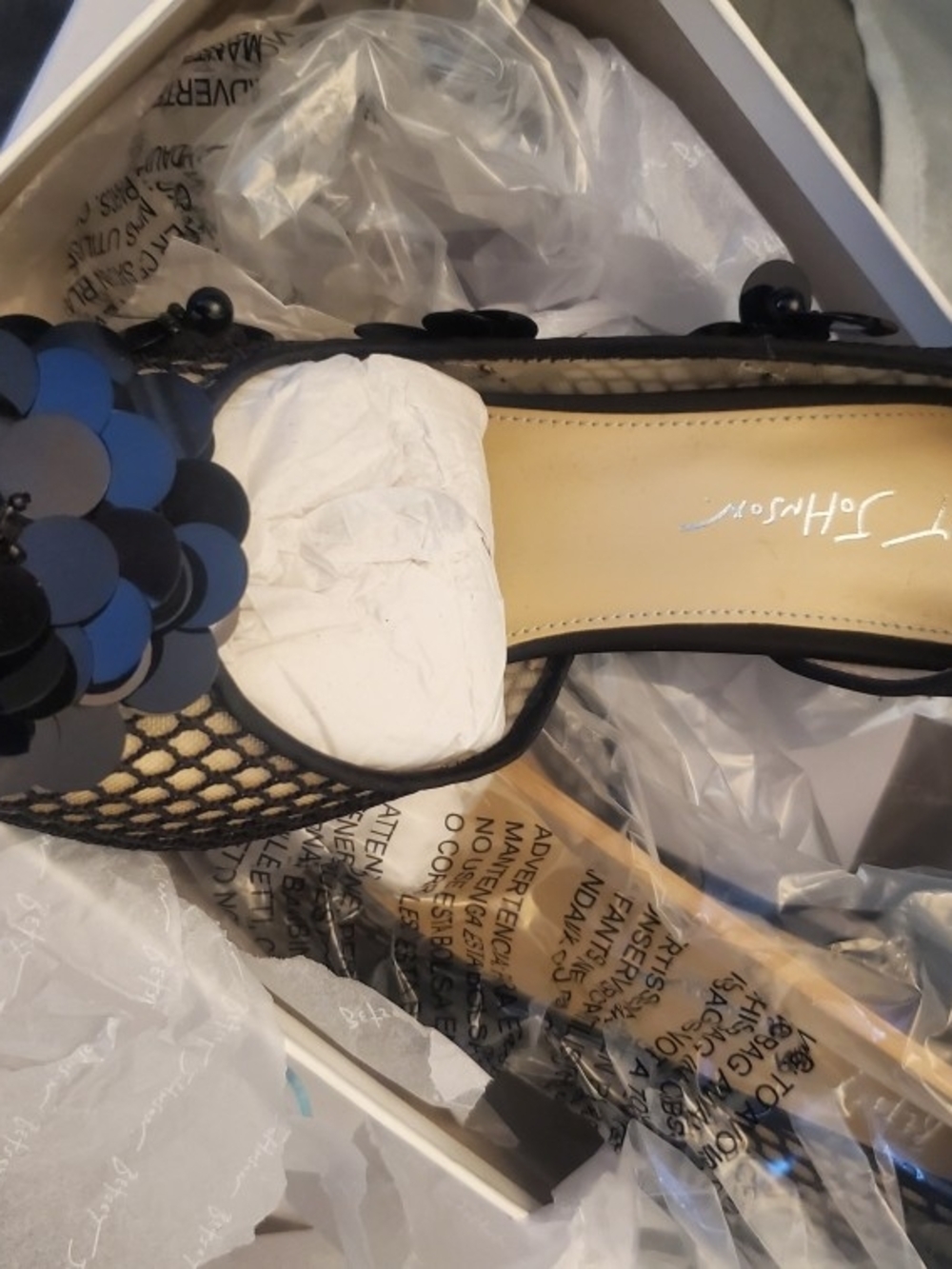 Black Mesh Peep-Toe Heel with Sequined Detail - Women